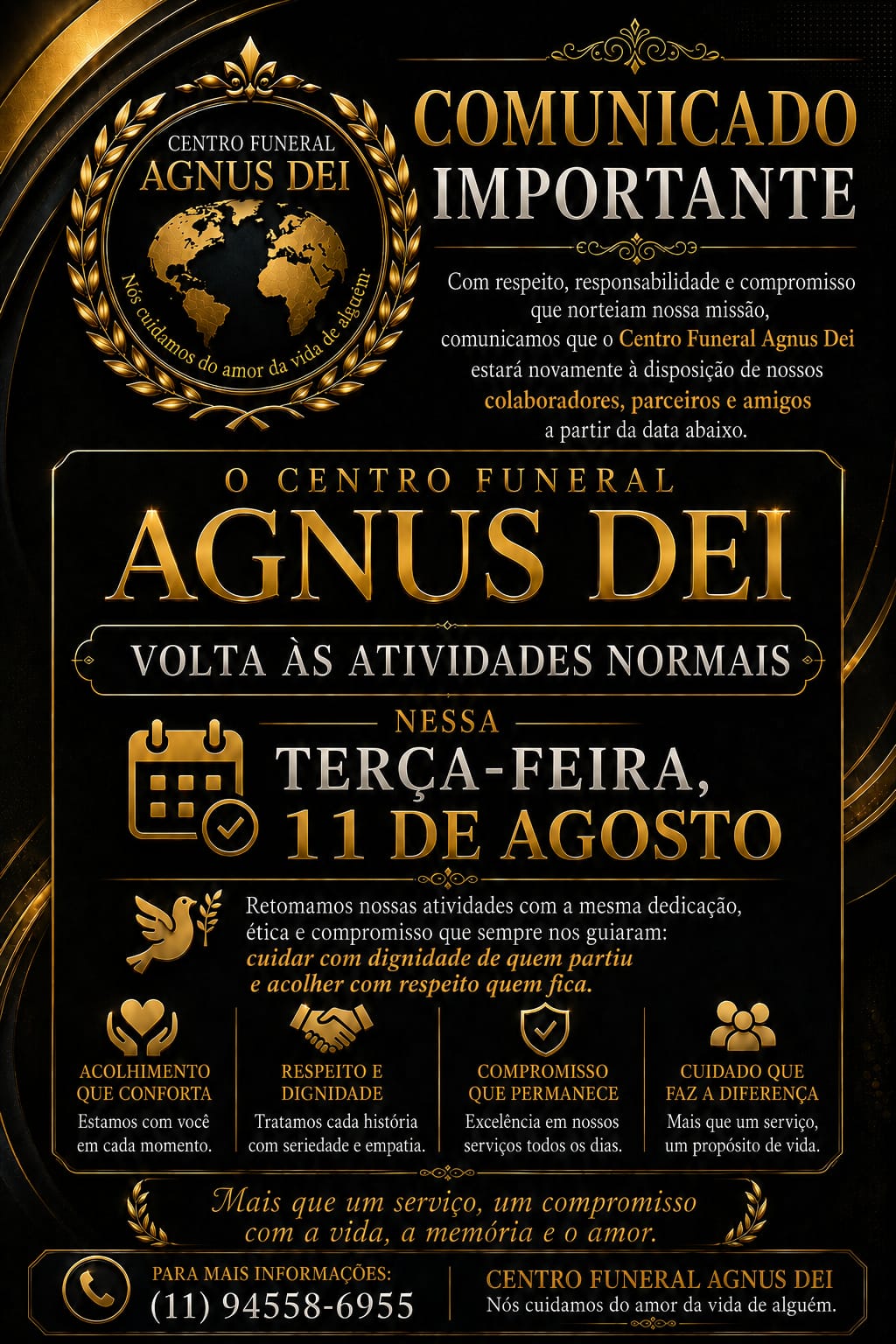 Panfletos de um centro funerário com informações sobre a retomada de atividades  — texto: COMUNICADO IMPORTANT