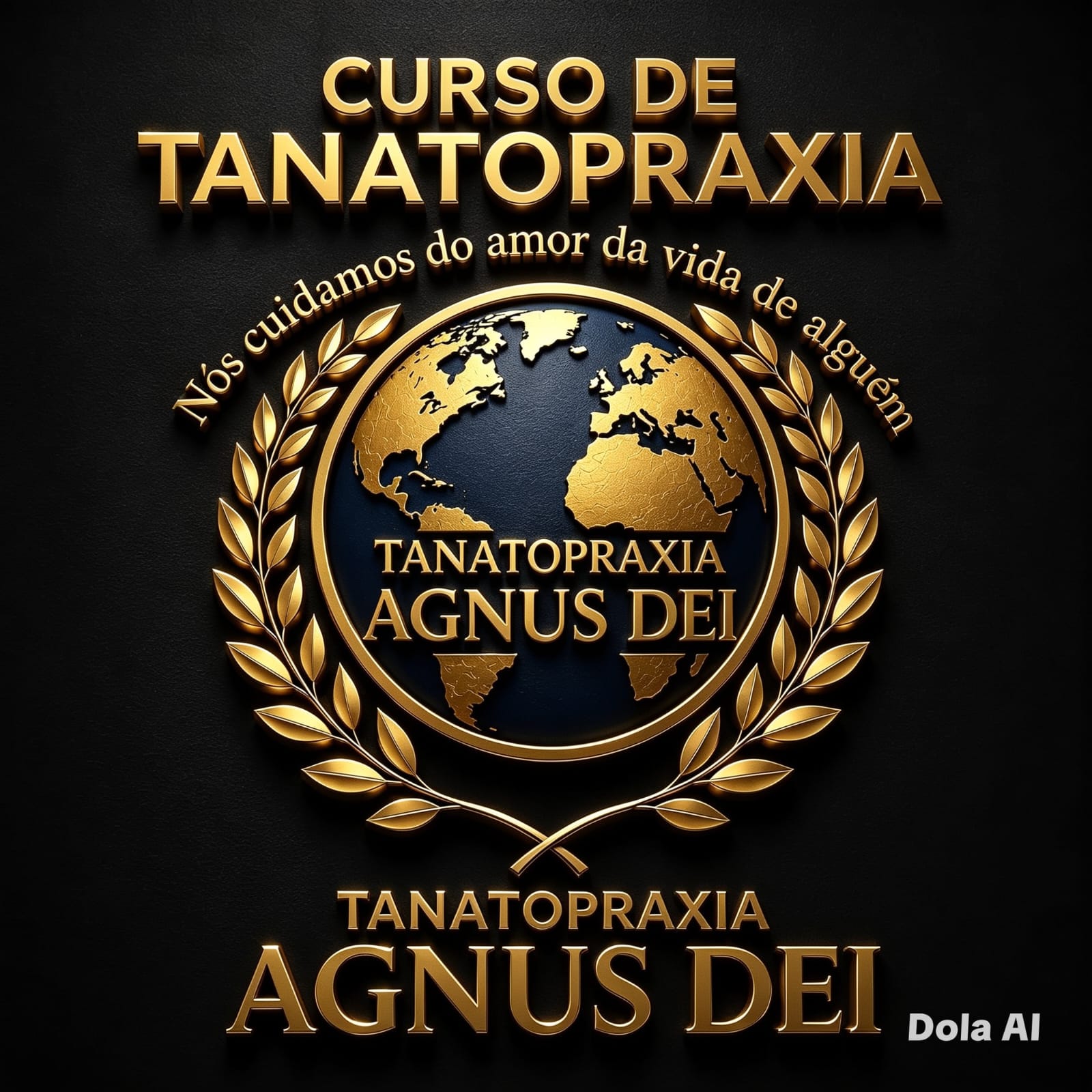 Logo de uma empresa de curso de tanatopraxia com texto e símbolo de planeta e lauréolos  — texto: CURSO DE TAN